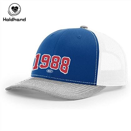 Blár Litur Trucker Hat Mesh Baseball Cap Stillanleg Snapback Sérsniðin hönnun á ensku bréfamynstri